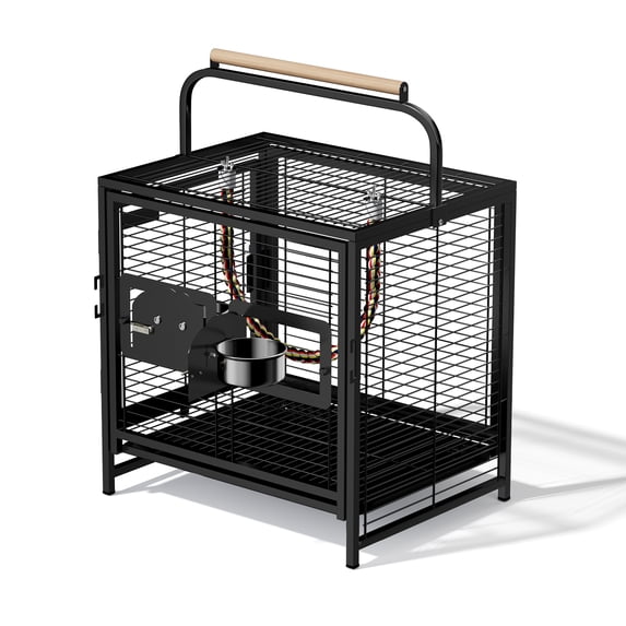 Ktaxon 25 Inch Black Metal Portable Travel Bird Cage with Wooden Carry Handle, Small Parrot Carrier Cage with 2 Stainless Steel Feeder Bowls