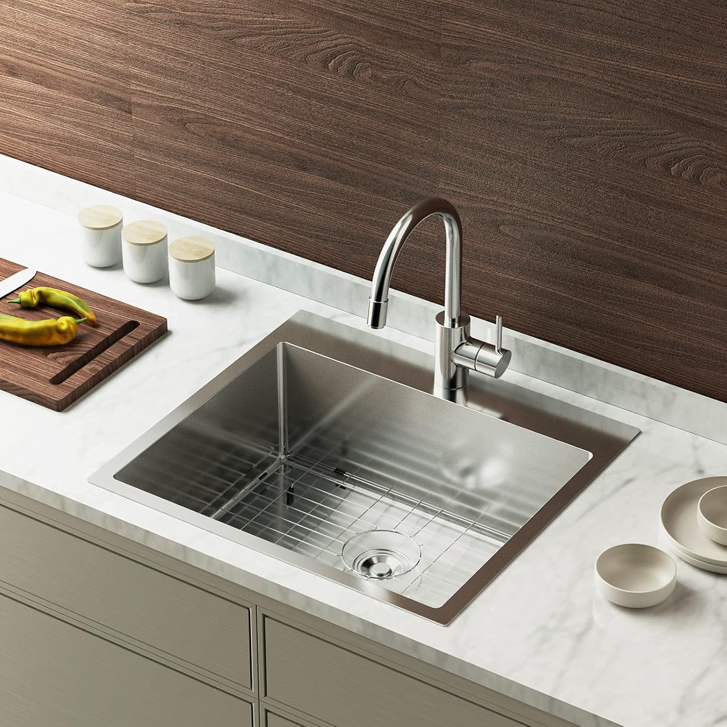 Ktaxon 25" x 22" Drop-In 304 Stainless Steel Workstation Kitchen Sink, 18 Gauge Single Bowl with Grid & Drain Strainer