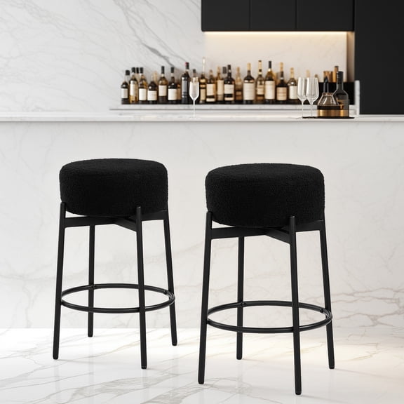 Ktaxon 26" Backless Bar Stools Set of 2, Modern Swivel Barstools with Footrest, Teddy Fleece Padded Counter Height Barstool Chairs 2 pcs, Black