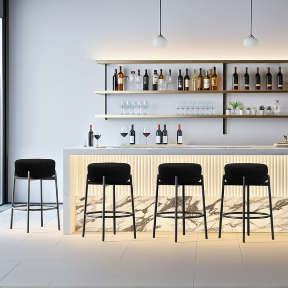 Ktaxon 26" Backless Bar Stools Set of 4, Modern Swivel Barstools with Footrest, Teddy Fleece Padded Counter Height Barstool Chairs 4 pcs, Black