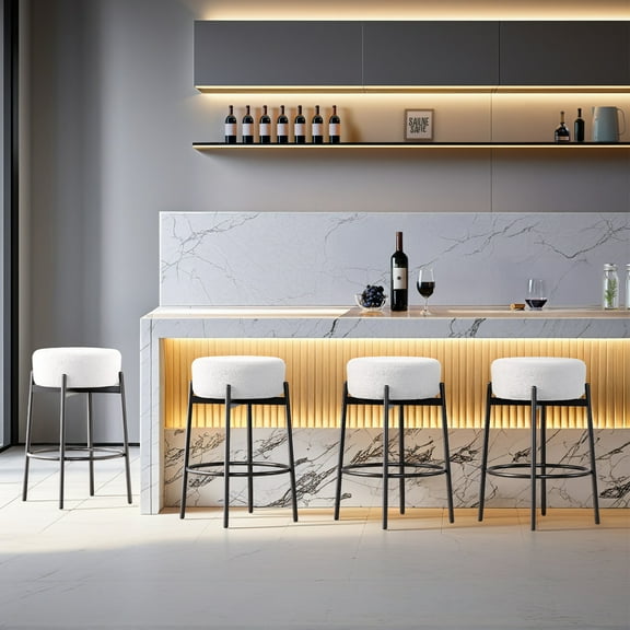 Ktaxon 26" Backless Bar Stools Set of 4, Modern Swivel Barstools with Footrest, Teddy Fleece Padded Counter Height Barstool Chairs 4 pcs, White