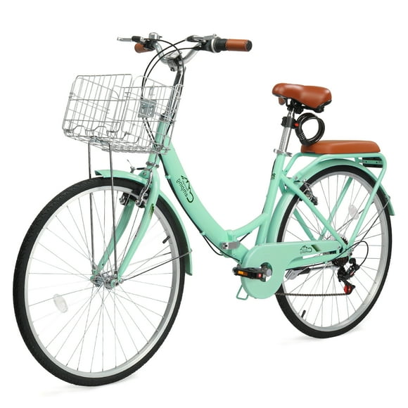 Ktaxon 26 Inch Folding Beach Cruiser Bike, 7 Speed Womens Bike with Foldable Basket, Lock & Rack, Green