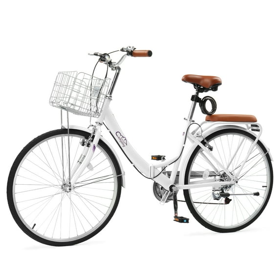 Ktaxon 26 Inch Folding Beach Cruiser Bike, 7 Speed Womens Bike with Foldable Basket, Lock & Rack, White