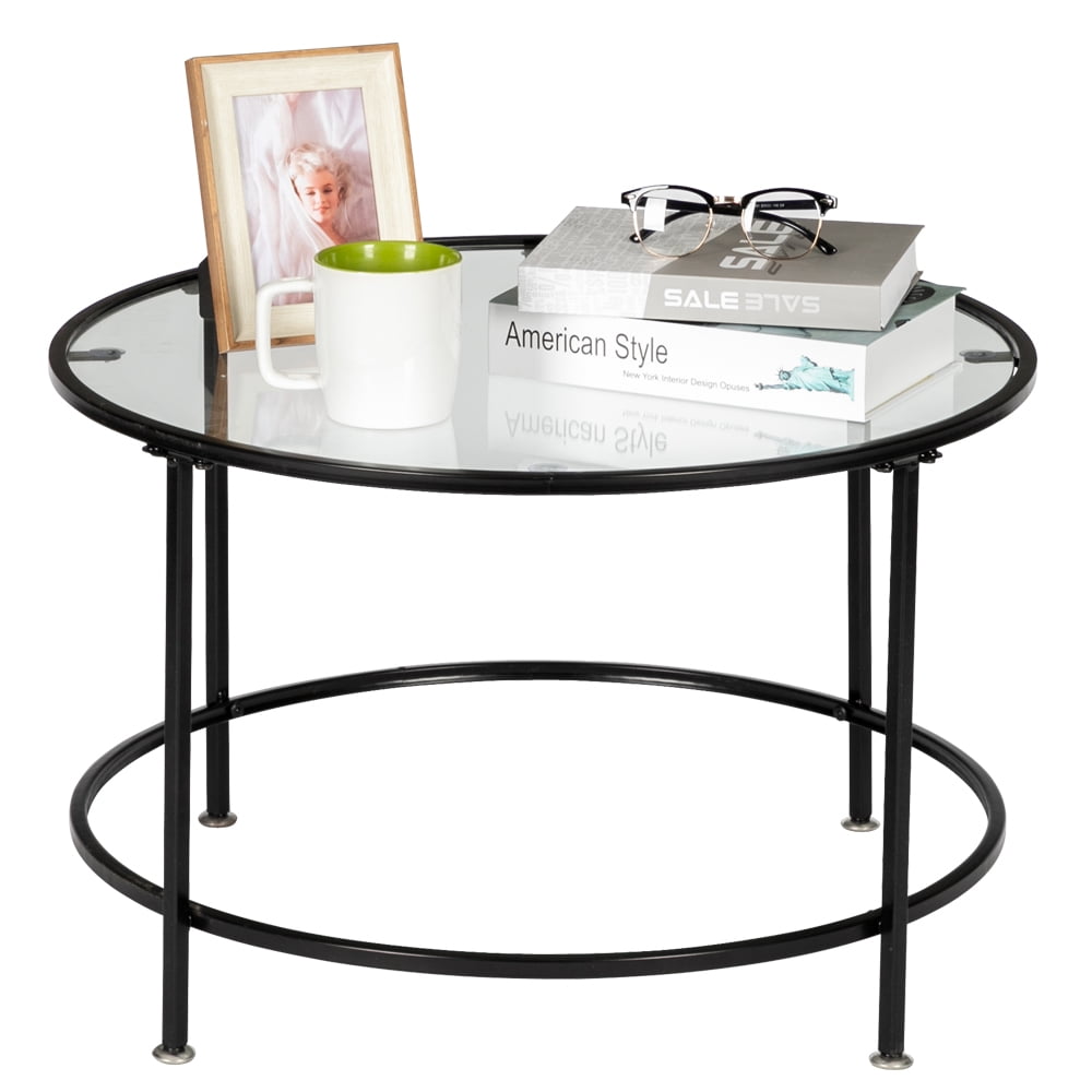 Ktaxon 26" Round Tempered Glass Coffee Table, Black