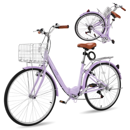 Ktaxon 26in Folding Beach Cruiser Bike for Women, 7-Speed City Commuter Bike with Lock, Basket & Rack, Purple