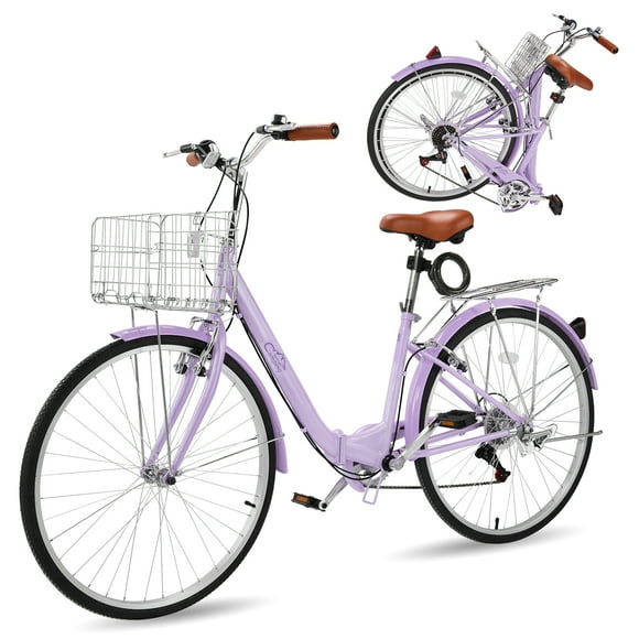 Ktaxon 26in Folding Beach Cruiser Bike for Women, 7-Speed City Commuter Bike with Lock, Basket & Rack, Purple