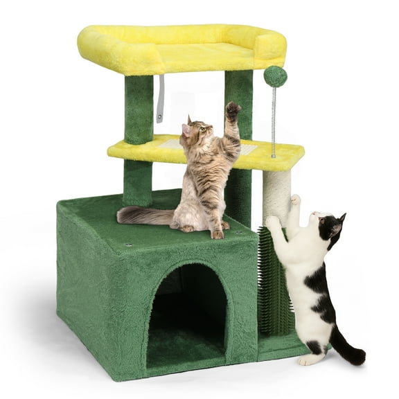 Ktaxon 27.5in Cat Tree, Multi-Level Tower with Scratching Post, Pad & Padded Bed, Green & Yellow