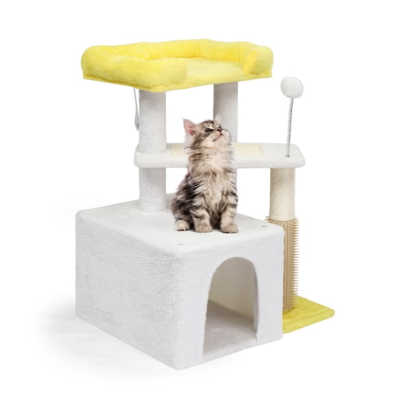 Ktaxon 27.5in Cat Tree, Multi-Level Tower with Scratching Post & Pad, Padded Bed for Kittens & Indoor Cats, White & Yellow