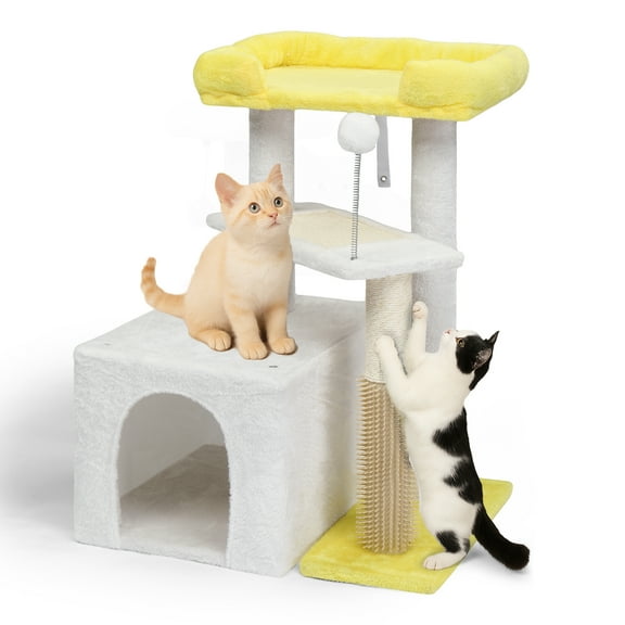 Ktaxon 27.5in Cat Tree, Multi-Level Tower with Scratching Post & Pad, Padded Bed for Kittens & Indoor Cats, White & Yellow