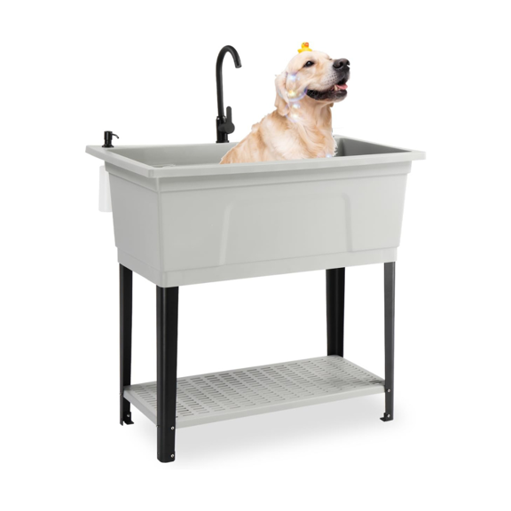 Ktaxon 27 Gallon Plastic Utility Sink with Hot/Cold Faucet, 36" Freestanding Laundry Tub with Iron Legs, Storage Shelf, Drain Board, Soap Dispenser and Pop-up Button for Bathroom, Laundry Room, Gray