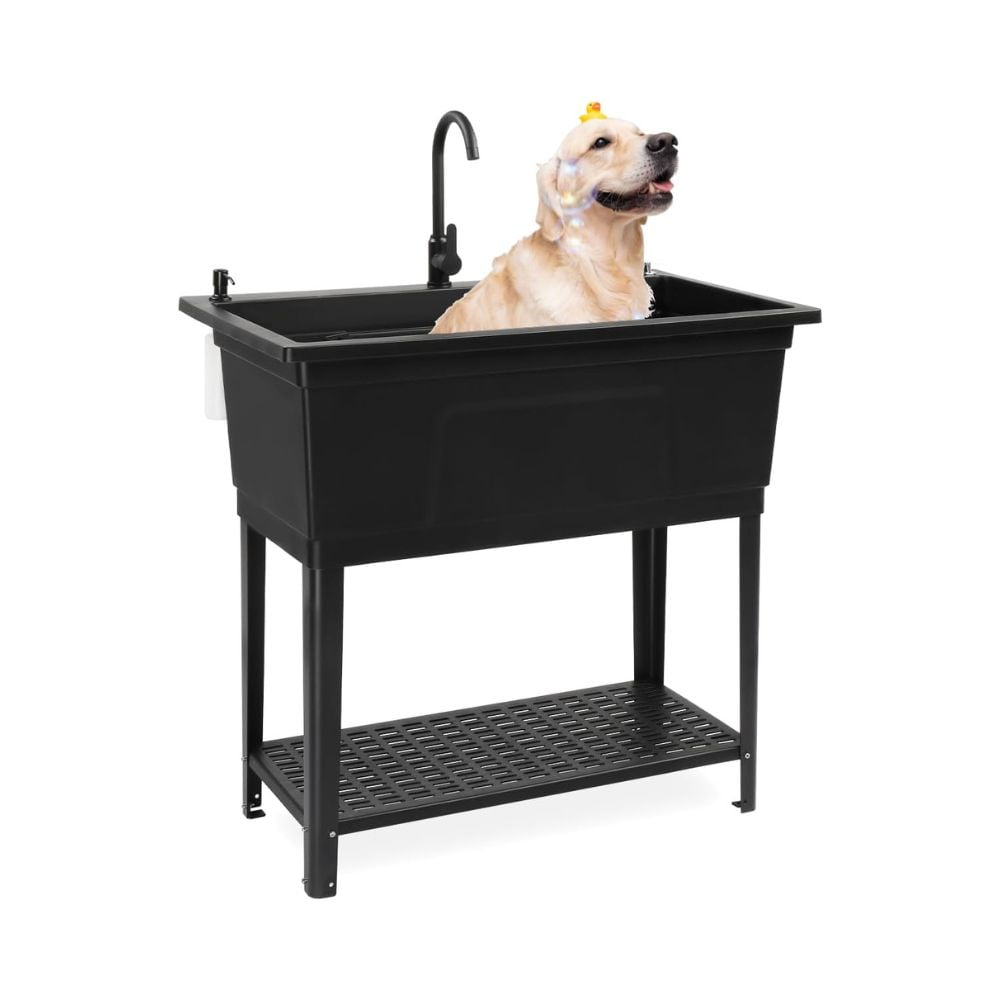 Ktaxon 27 Gallon Plastic Utility Sink with Hot/Cold Faucet, 36" Freestanding Laundry Tub with Iron Legs, Storage Shelf, Drain Board, Soap Dispenser and Pop-up Button for Bathroom, Laundry Room, Black