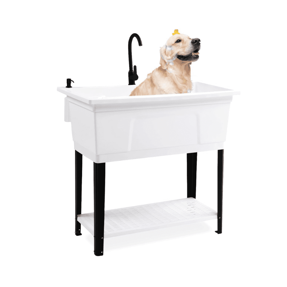 Ktaxon 27 Gallon Plastic Utility Sink with Hot/Cold Faucet, 36" Freestanding Laundry Tub with Iron Legs, Storage Shelf, Drain Board, Soap Dispenser and Pop-up Button for Bathroom, Laundry Room, White