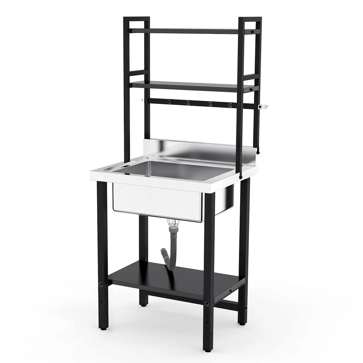 Ktaxon 28" × 24" Stainless Steel Utility Prep Sink with Adjustable Shelves, One Compartment Freestanding Sink with Backsplash & 3.5" Drain