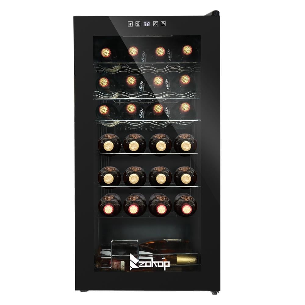 Black Freestanding Wine Cooler with Interior Lighting, 28-Bottle Capacity