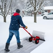 Ktaxon 29x18in Adjustable T-Handle Snow Plow, Manual Push Snow Shovel w/Inflatable Wheels for Driveway & Sidewalk, White Red