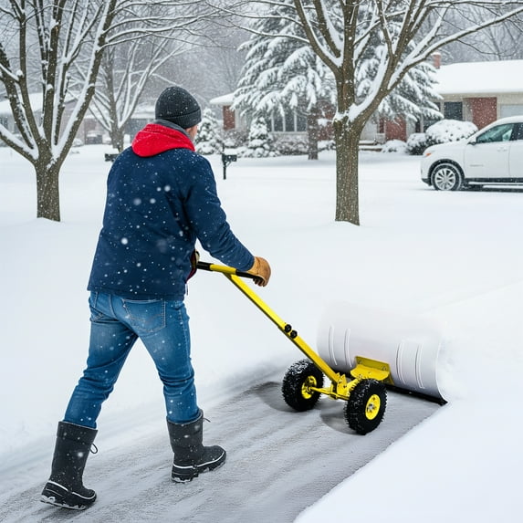 Ktaxon 29x18in Adjustable T-Handle Snow Plow, Manual Push Snow Shovel w/Inflatable Wheels for Driveway & Sidewalk, White Yellow