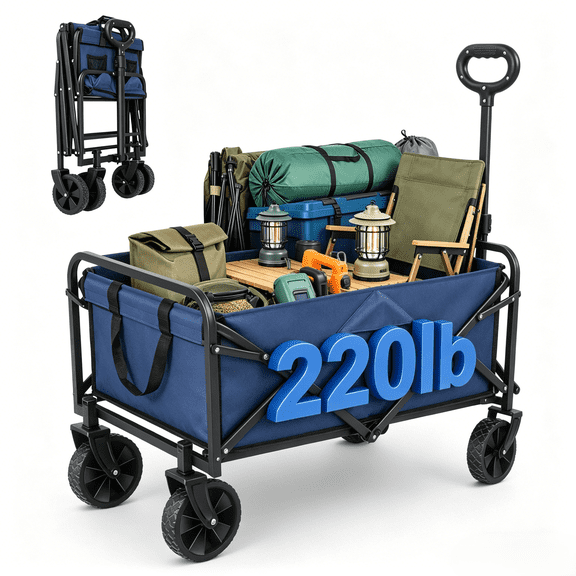 Ktaxon Collapsible Wagon Cart Foldable, Heavy Duty Folding Wagon with All-Terrain Wheels, Portable Beach Camping Shopping Garden Cart, 220LBS, Blue