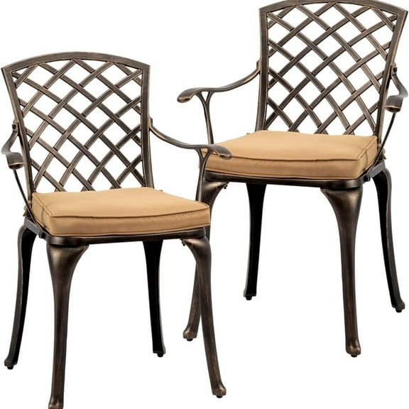 Ktaxon 2PC Outdoor Dining Chairs, Cast Aluminum Patio Chairs for Poolside, Deck, Porch Bronze, with Cushion