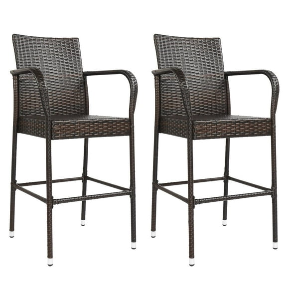 Ktaxon 2PCS Outdoor Patio Brown Rattan Bar Chairs Wicker Bar Stools for Backyard, Iron Frame Wicker Chair Furniture Set, Brown
