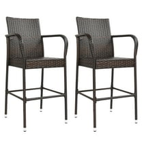 Ktaxon 2PCS Outdoor Patio Brown Rattan Bar Chairs Wicker Bar Stools for Backyard, Iron Frame Wicker Chair Furniture Set, Brown