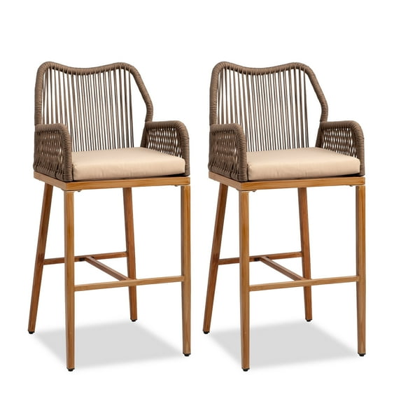 Ktaxon 2Pcs 28.5" Patio Rattan Bar Stools, Outdoor Wicker Counter Height Bar Chairs with Backrest & Metal Frame, Bistro Seating for Balcony Porch Pool (High, Brown)