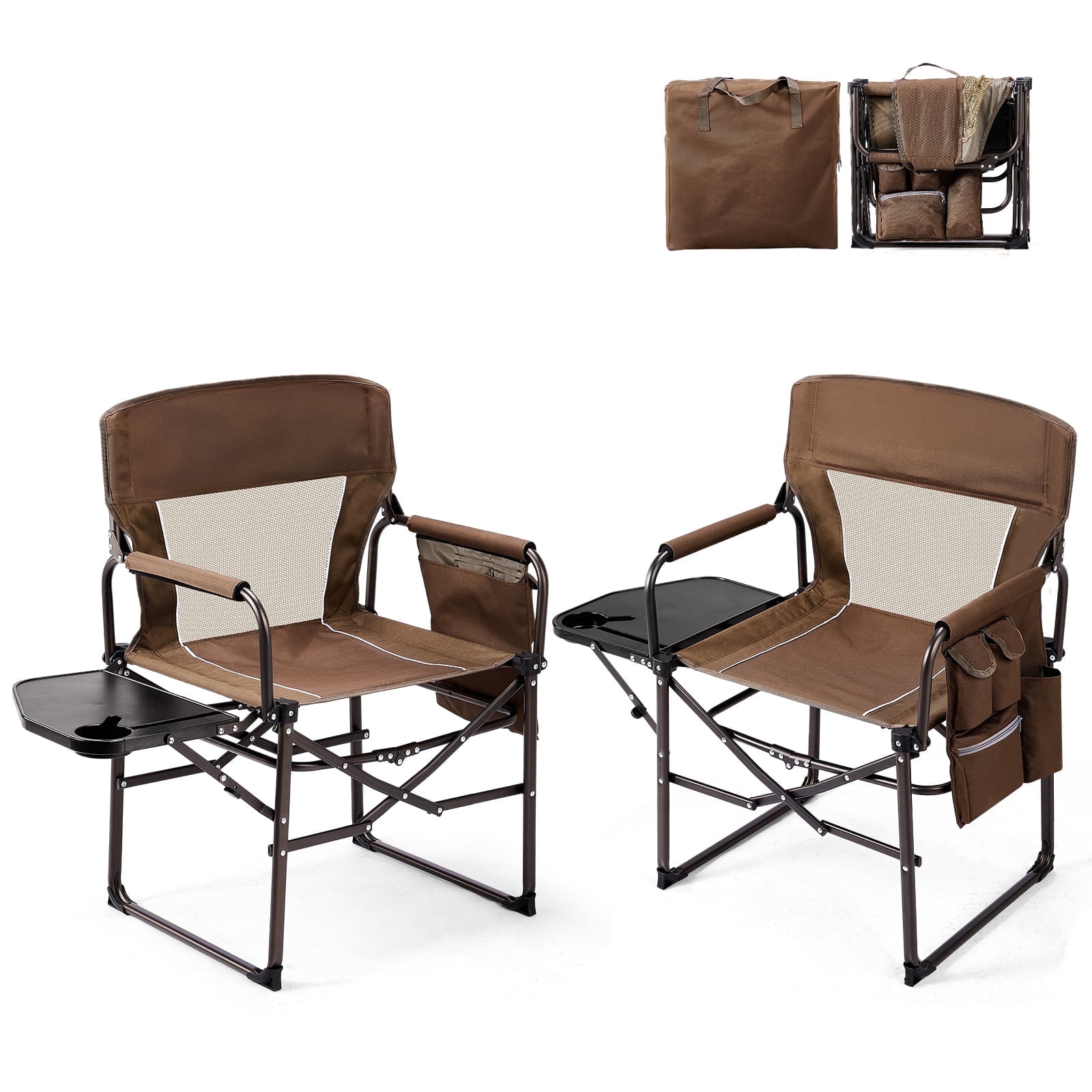 Ktaxon 2Pcs Camping Chairs, Heavy Duty Folding Directors Chair with Side Table & Carry Bag, Fishing Seating for Adult, Suitable for Beach Picnic Lawn, Brown - Walmart.com