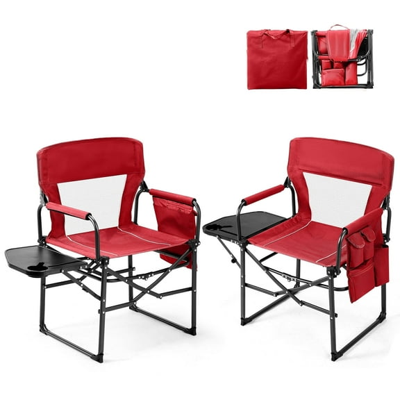 Ktaxon 2Pcs Camping Chairs, Heavy Duty Folding Directors Chair with Side Table & Carry Bag, Fishing Seating for Adult, Suitable for Beach Picnic Lawn, Red