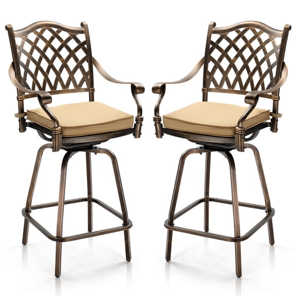 Ktaxon 2Pcs Outdoor Swivel Bar Stools, Weather Resistant Patio Bar Height Chairs, Cast Aluminum Bar Dining Seatings for Pool Deck Balcony (Grid Back)