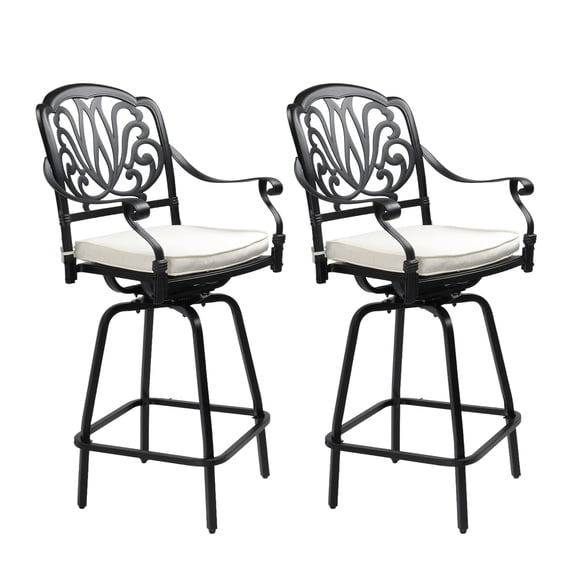 Ktaxon 2Pcs Outdoor Swivel Bar Stools with Cream White Cushions, Cast Aluminum Bar Dining Seatings for Pool Deck Balcony, Elizabethan Black Back