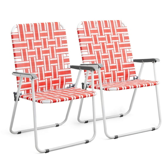 Ktaxon 2Pcs Oversize Patio Lawn Folding Chairs, Outdoor Webbed Portable Seating, Lightweight Steel Beach Dining Chair for Outdoor Yard, Garden (Red & White, Oversized)