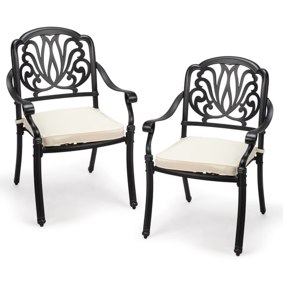 Ktaxon 2Pcs Patio Chairs, Stackable Cast Aluminum Dining Chair Floral Pattern, Weather Resistant Metal Bistro Seating for Poolside, Backyard, Balcony (Black, With Cushion)