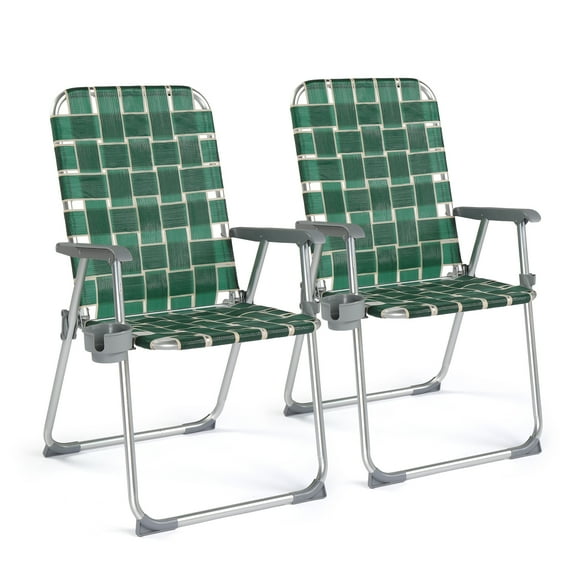 Ktaxon 2Pcs Standard Folding Lawn Chair, Portable Aluminum Patio Webbed Chair with Detachable Cup Holder, 330 LBS Heavy Duty Seating for Yard, Garden (Standard, Green)