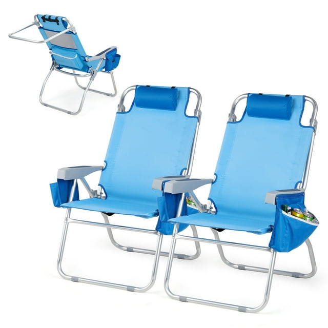 Ktaxon 2Pcs Tall Beach Chair, 5-Position Adjustable Folding Camping Chairs with Cooler Bag, Cup Holders and Towel Bar for Adults, Blue