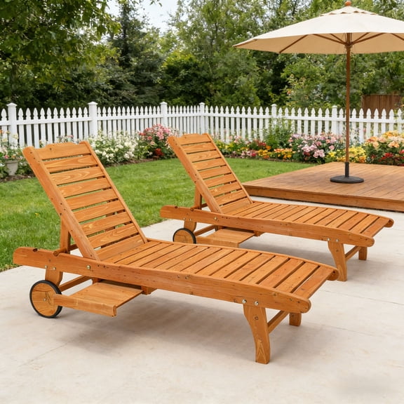 Ktaxon 2PC Outdoor Wooden Garden Bed Fir Chaise Lounge with Wheels Storage Drawer Two-Speed Adjustable Back Patio Furniture Burlywood