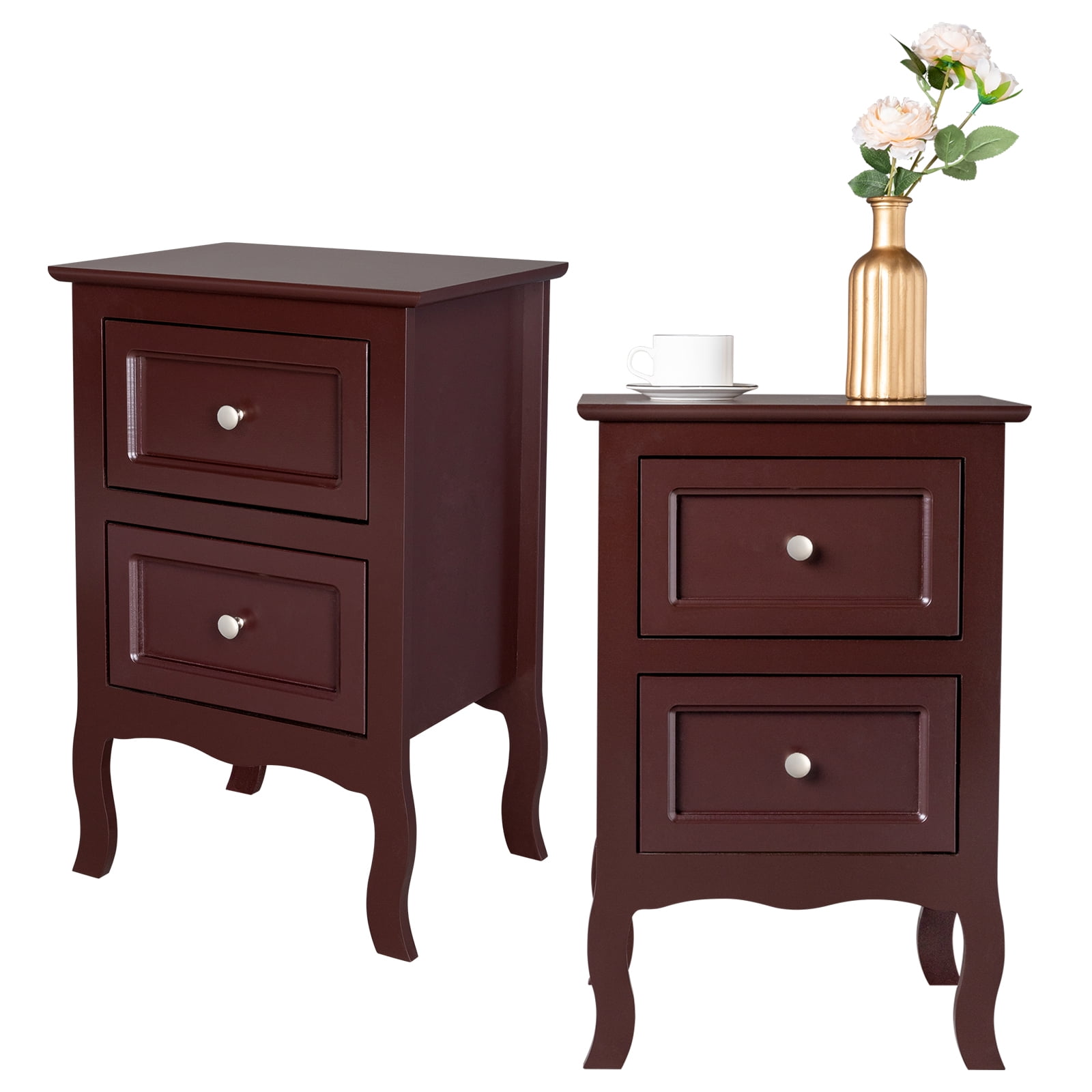 Ktaxon 2pc Nightstand End Table with 2 Drawer Bedside Table,Wood Accent Table, Brown