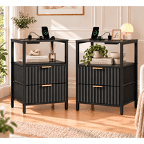 Fluted Nightstand with Charging Station, Bedside Table with 2 Drawers ...