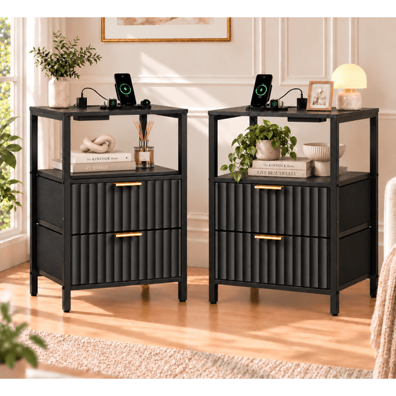 Ktaxon 2pc Nightstand with Charging Station End Table with 2 Fabric Drawers Bedside Table Furniture for Bedroom, Living Room,Fluted Wave Design