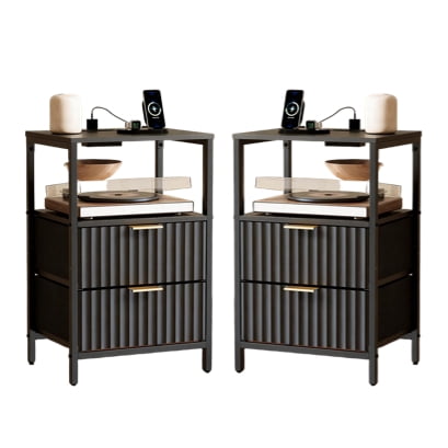 Ktaxon 2pc Nightstand with Charging Station End Table with 2 Fabric Drawers Bedside Table Furniture for Bedroom, Living Room,Fluted Wave Design