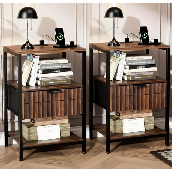 Ktaxon Fluted Nightstand Set of 2 with Charging Station End Table with Drawers Bedside Table Furniture for Bedroom, Living Room, Brown Walnut