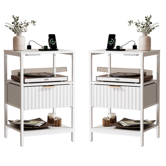 Ktaxon Fluted Nightstand Set of 2 with Charging Station End Table with Drawers Bedside Table Furniture for Bedroom, Living Room, White