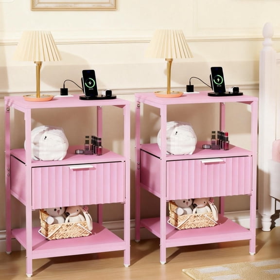 Ktaxon Fluted Nightstand Set of 2 with Charging Station End Table with Drawers Bedside Table Furniture for Bedroom, Living Room, Pink