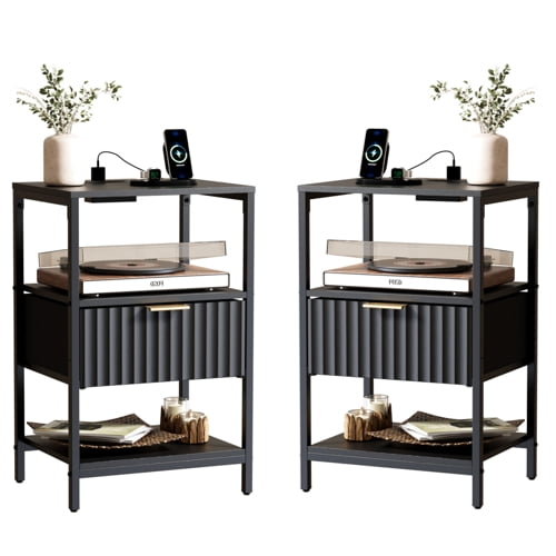Ktaxon Fluted Nightstand Set of 2 with Charging Station End Table with Drawers Bedside Table Furniture for Bedroom, Living Room, Black
