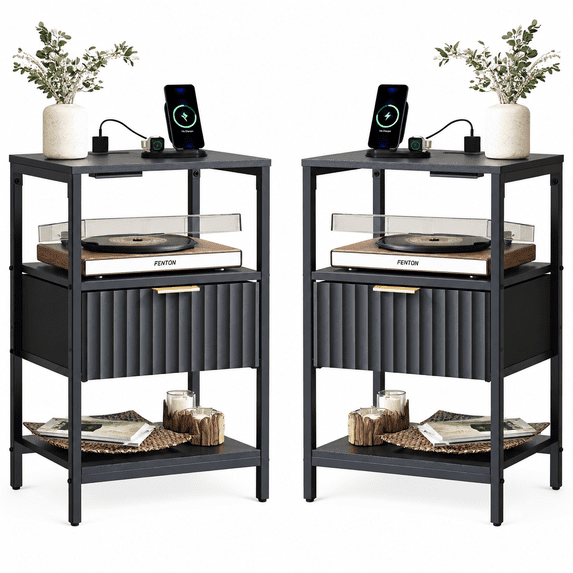 Ktaxon Fluted Nightstand Set of 2 with Charging Station End Table with Drawers Bedside Table Furniture for Bedroom, Living Room, Black