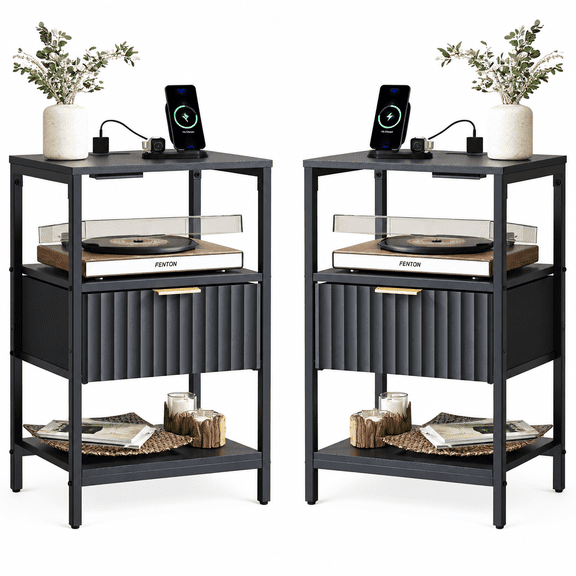 Ktaxon Fluted Nightstand Set of 2 with Charging Station End Table with Drawers Bedside Table Furniture for Bedroom, Living Room, Black