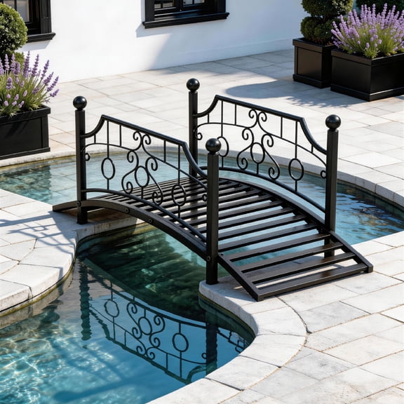 Ktaxon 3.3ft Wrought Iron Garden Footbridge with Flat Top Railings & Spherical Finials, Ornamental Pond Bridge for Yard Antique Black