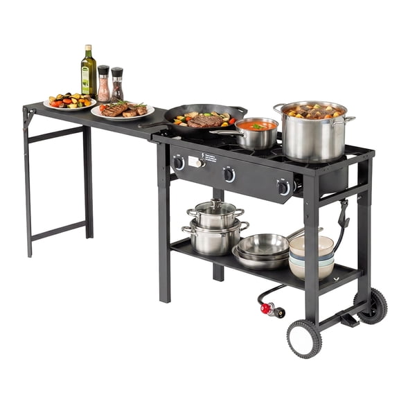 Ktaxon 3 Burner Gas Propane Cooker Outdoor Camping Picnic Stove with Side Frame BBQ Grill