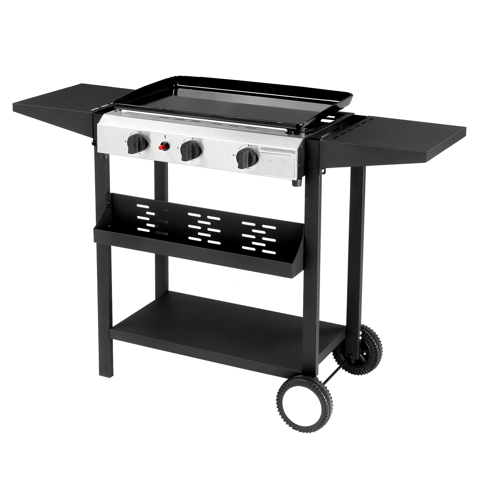 Ktaxon 3 Burner Propane Griddle Flat Top Gas Grill 30000 BTU with Ceramic Coated Cast Iron Pan,Side Shelves,Spice Rack,Wheels