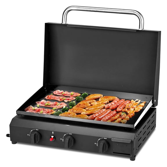 Ktaxon 3 Burner Propane Griddle Flat Top Gas Grill 30000 BTU with Lid,Ceramic Coated Cast Iron Pan,Portable