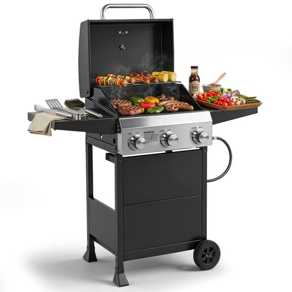 Ktaxon 3 Burner Propane Gas Grill 36,000 BTU with Lid,Ceramic Coated Cast Iron Rack,Side Shelves,Wheels
