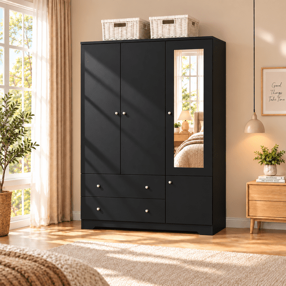 Ktaxon 3 Door Wardrobe Armoire Closet with Mirror Hanging Rod, Large Capacity Storage Closet for Bedroom, Modern Drawer & Shelf Elegant Black Finish Closet
